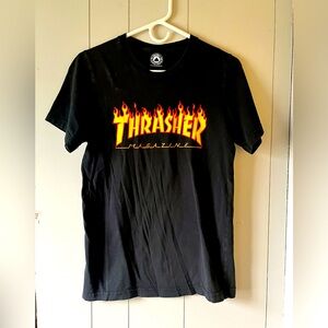 Thrasher Black and Orange Flame Logo Tee